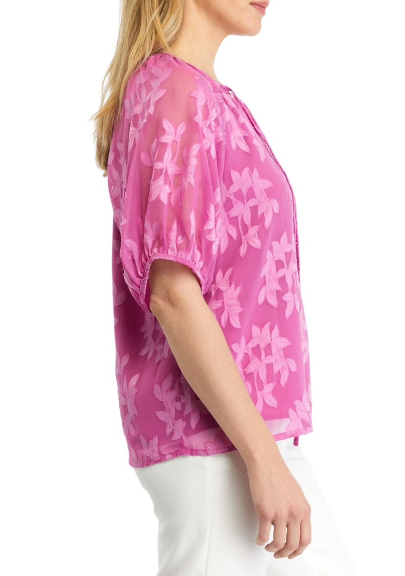 Womens Tie Top Raglan Short Sleeve Printed Blouse