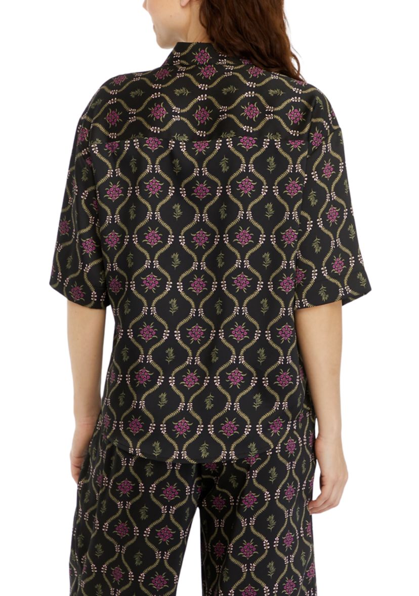 Womens Trellis Printed Relaxed Short Sleeve Button Down Shirt