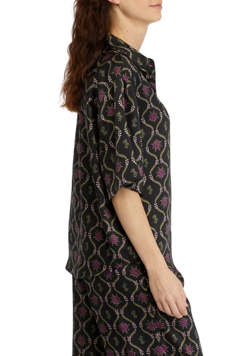 Womens Trellis Printed Relaxed Short Sleeve Button Down Shirt