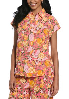 ELLA Rafaella Women's Fruit Print Short Sleeve Popover Top, Coral, Medium