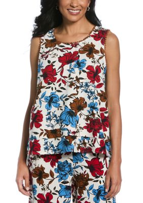 ELLA Rafaella Women's Linen Blend Floral Print Bubble Trim Sleeveless Layered Top, White, XL