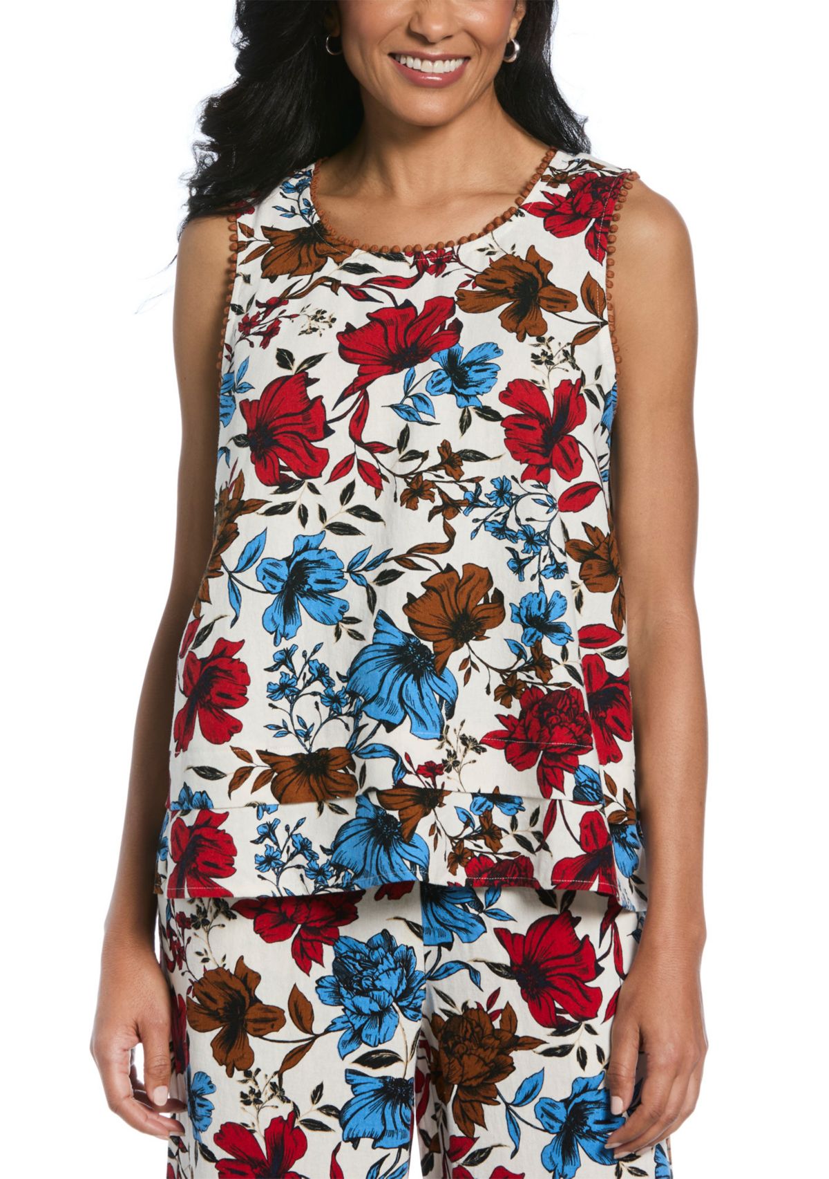 Womens Linen Blend Floral Print Bubble Trim Sleeveless Layered Top