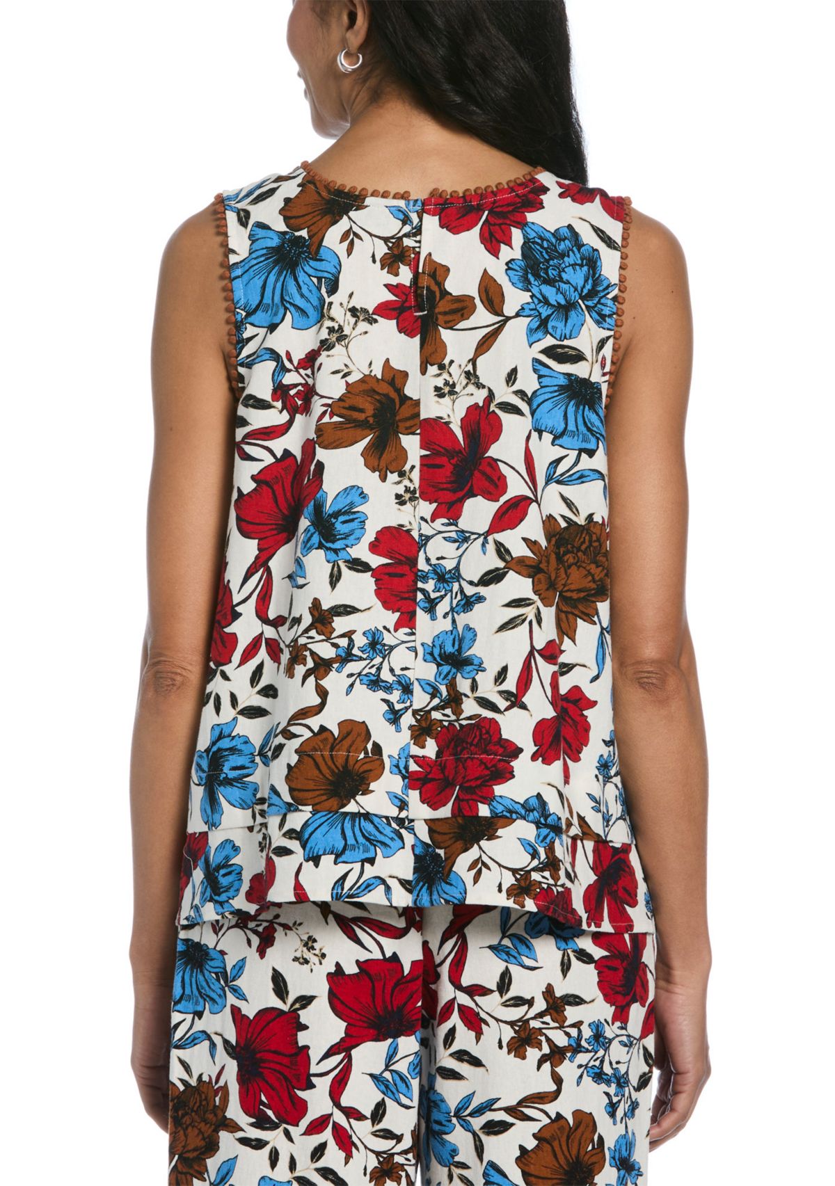 Womens Linen Blend Floral Print Bubble Trim Sleeveless Layered Top