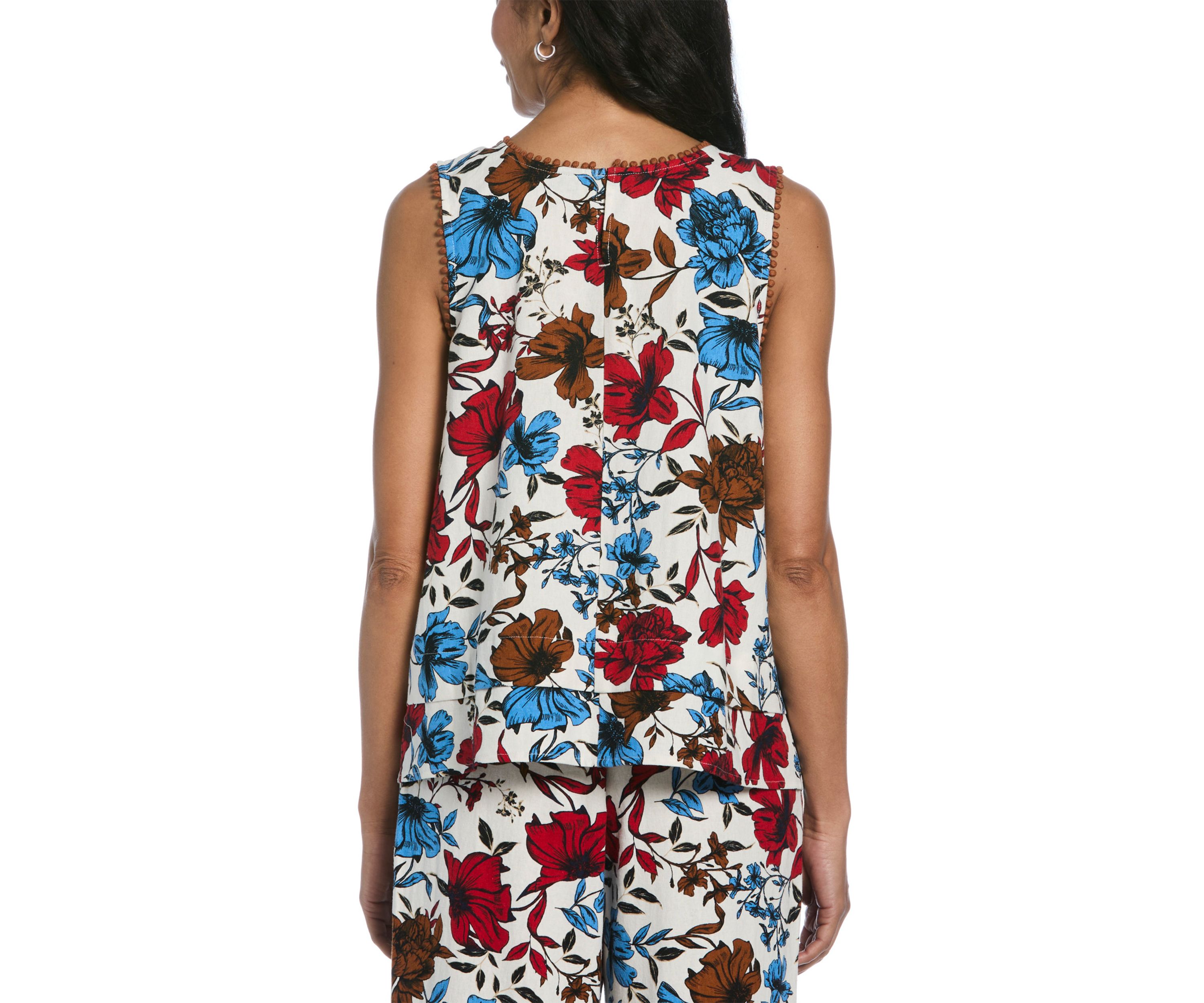 Womens Linen Blend Floral Print Bubble Trim Sleeveless Layered Top