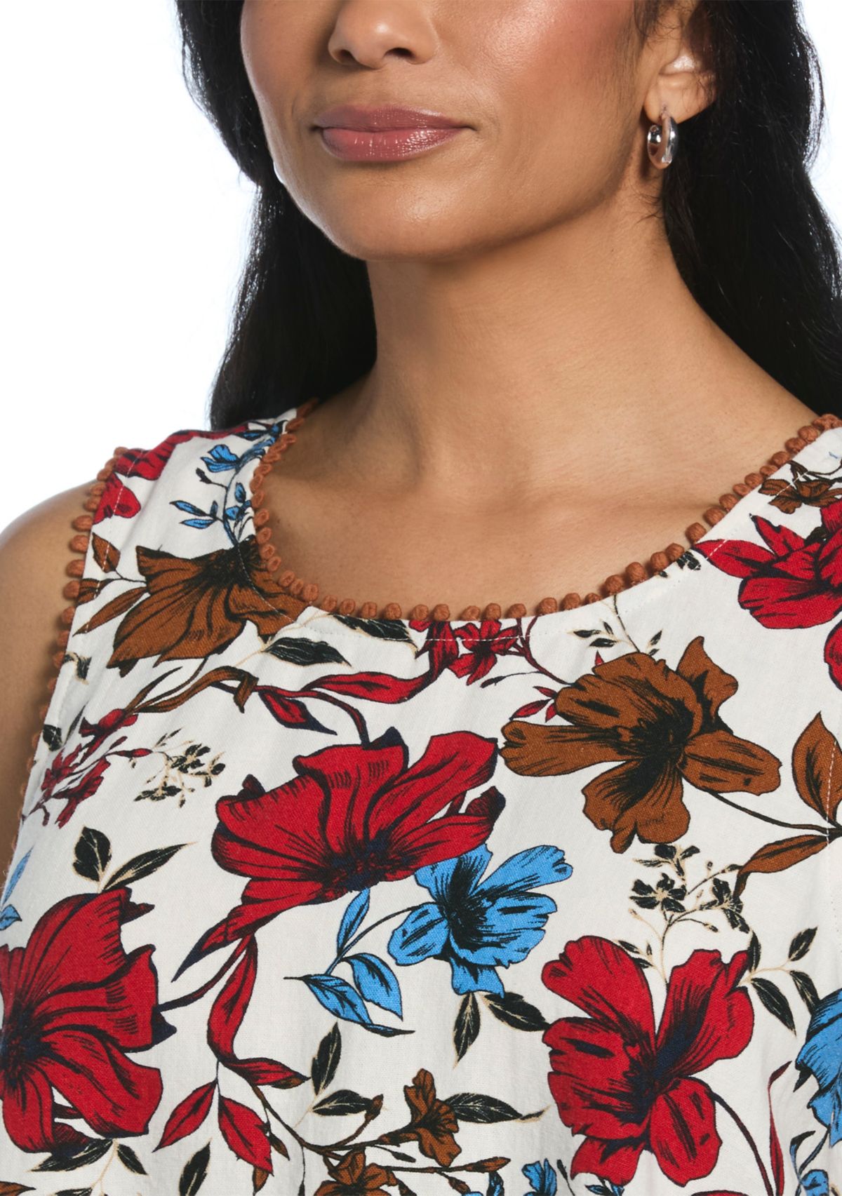 Womens Linen Blend Floral Print Bubble Trim Sleeveless Layered Top