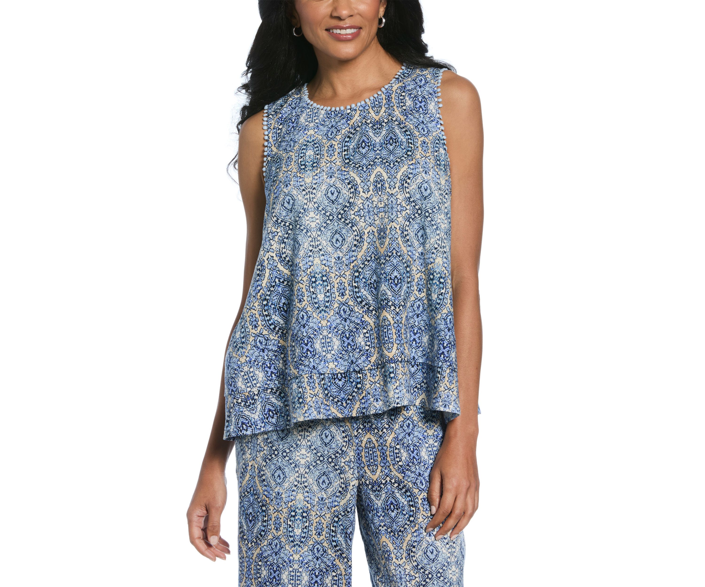 Linen Blend Scroll Print Bobble Trim Sleeveless Layered Top