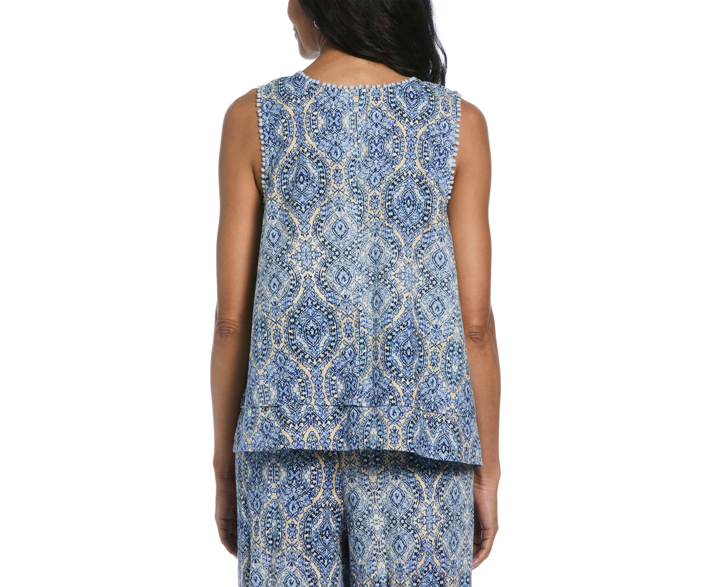 Linen Blend Scroll Print Bobble Trim Sleeveless Layered Top