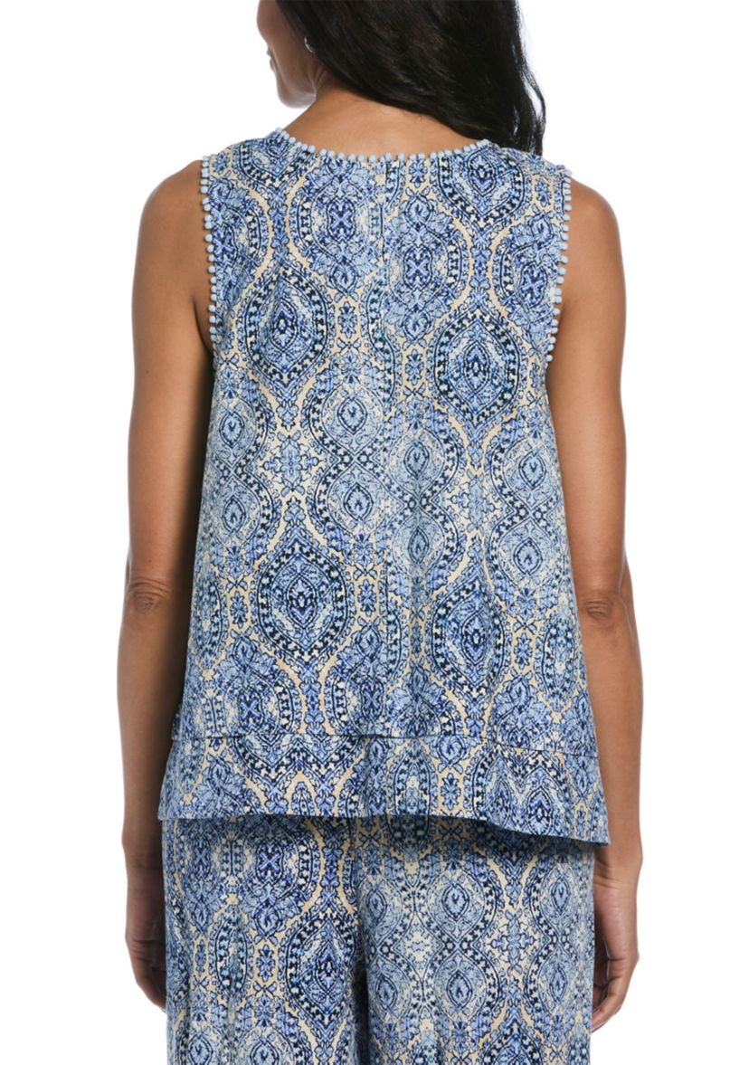Linen Blend Scroll Print Bobble Trim Sleeveless Layered Top
