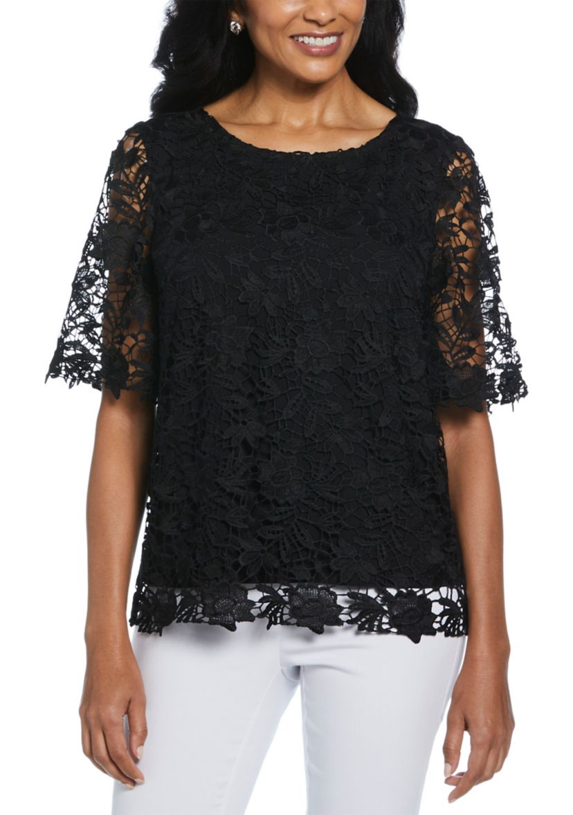Womens  Scalloped Lace Elbow Length Sleeve Top