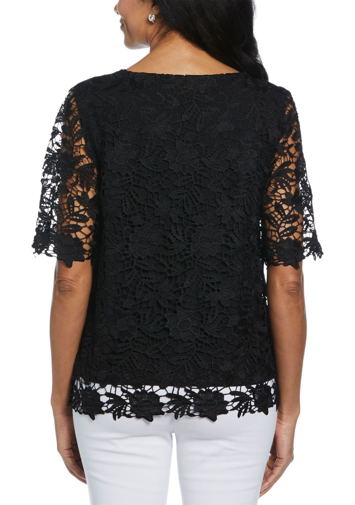 Womens  Scalloped Lace Elbow Length Sleeve Top