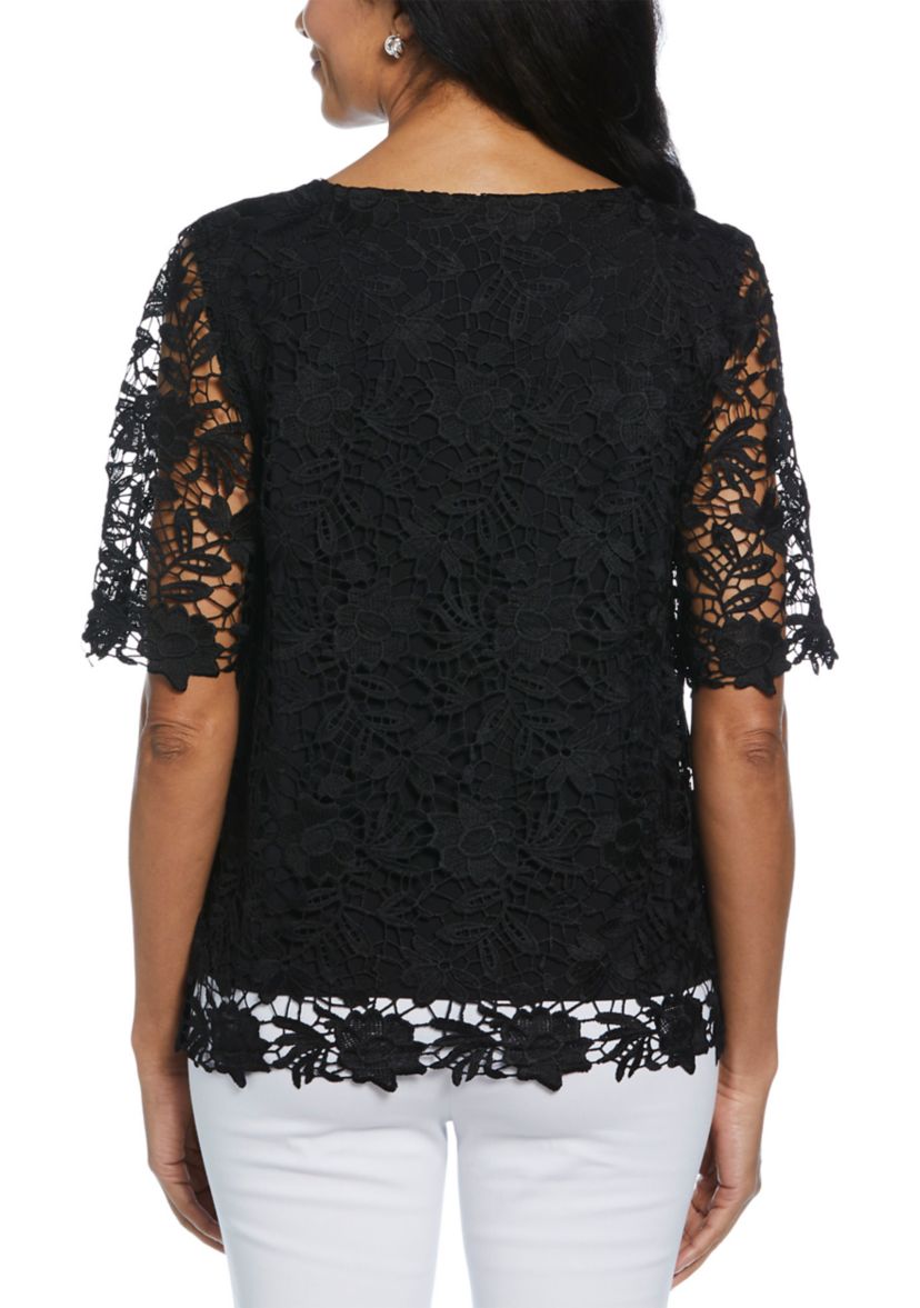 Womens  Scalloped Lace Elbow Length Sleeve Top