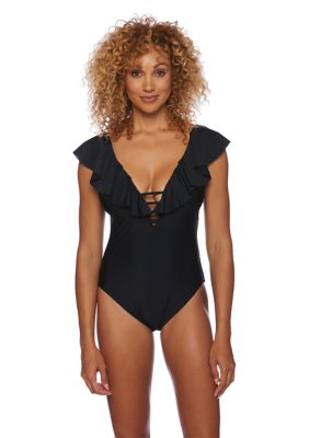 Classic Solid Ruffle Plunge One-Piece Swimsuit