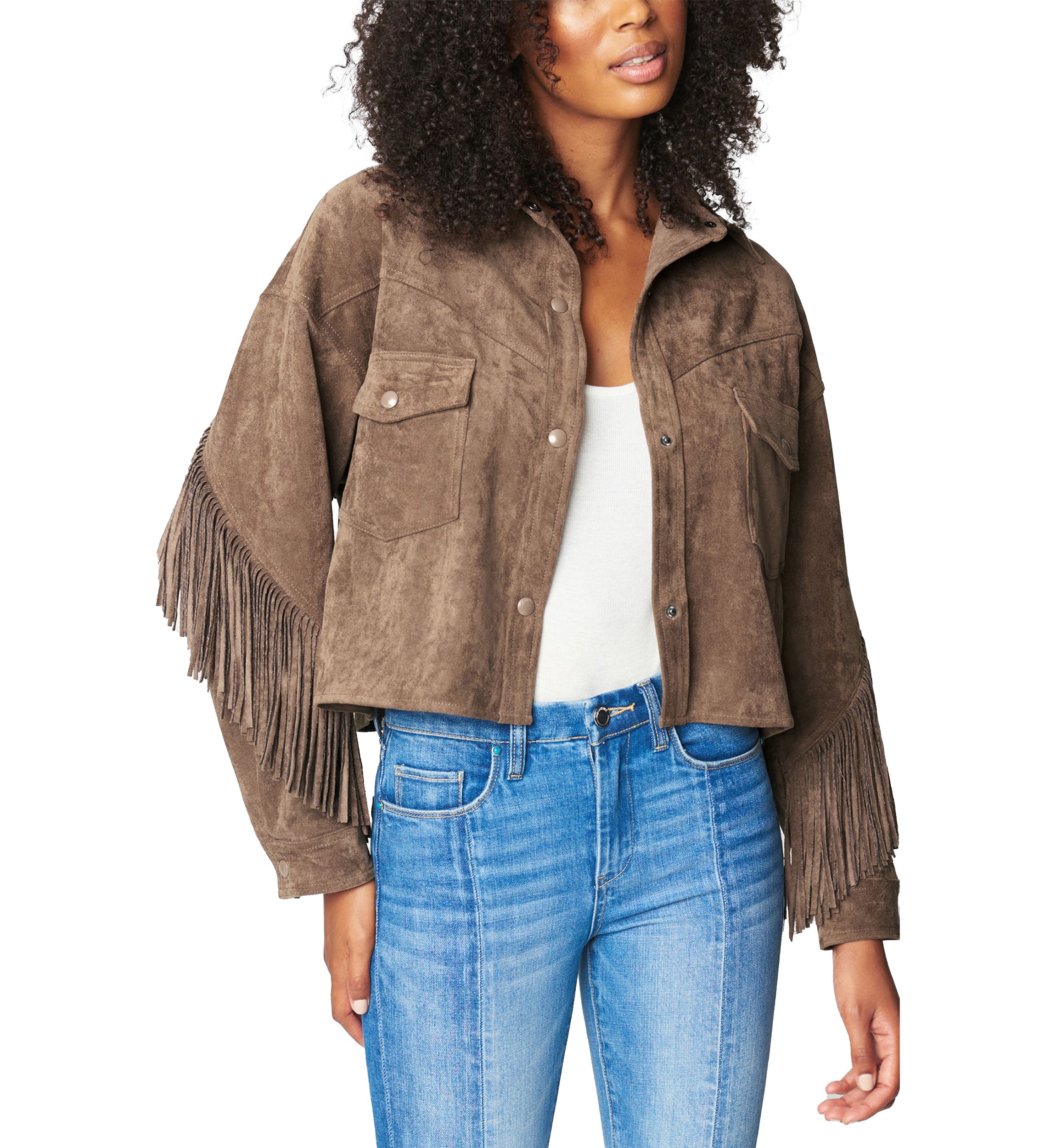 Womens Hot Cocoa Faux Suede Fringe Shacket