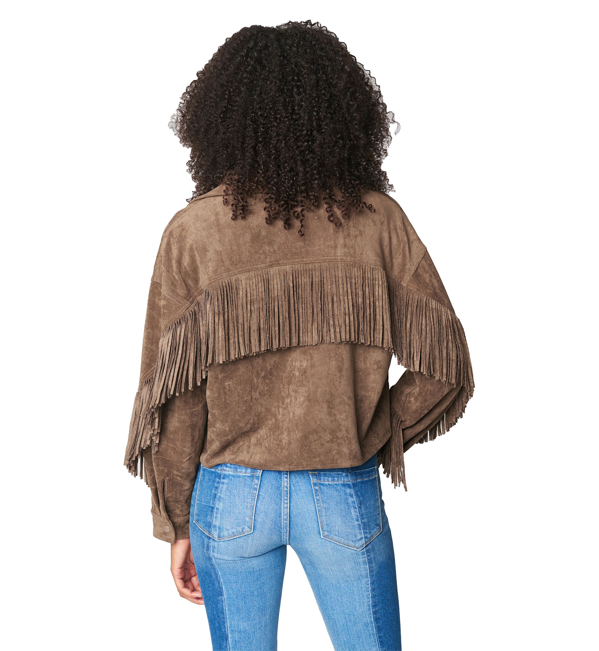 Womens Hot Cocoa Faux Suede Fringe Shacket