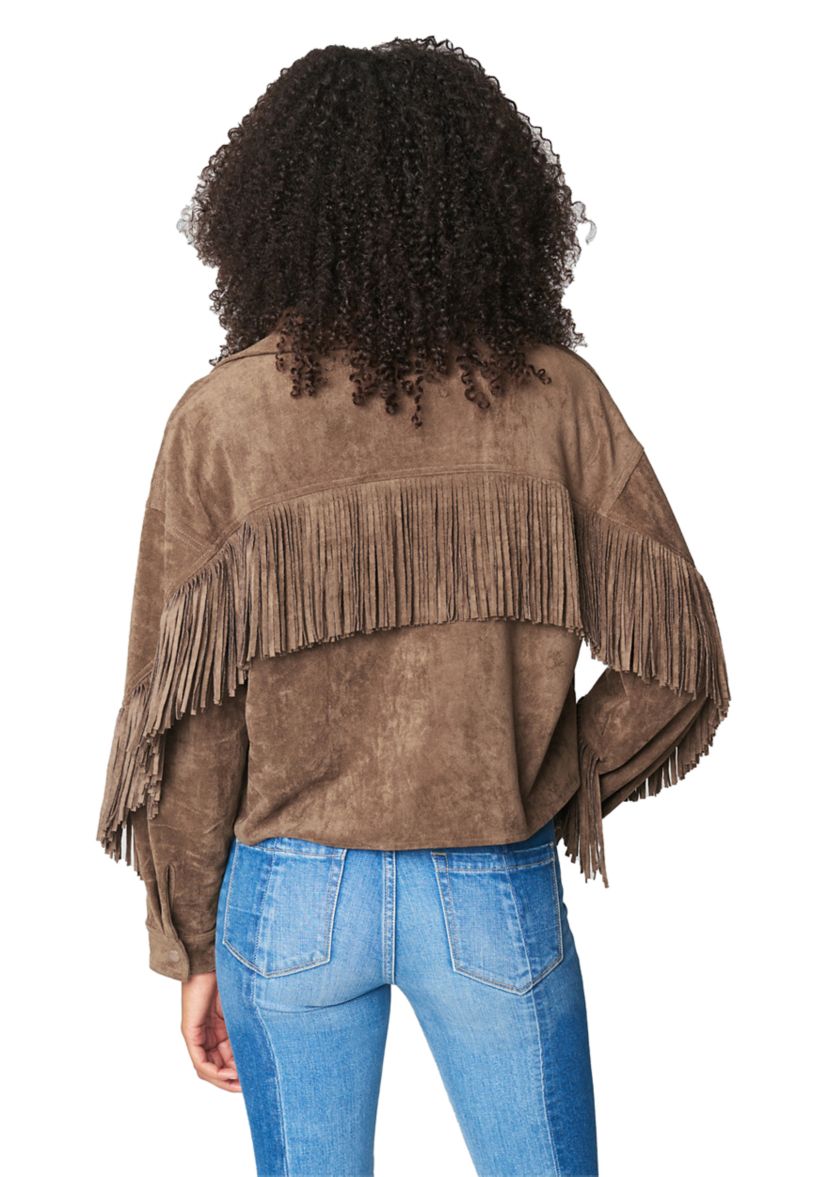 Womens Hot Cocoa Faux Suede Fringe Shacket