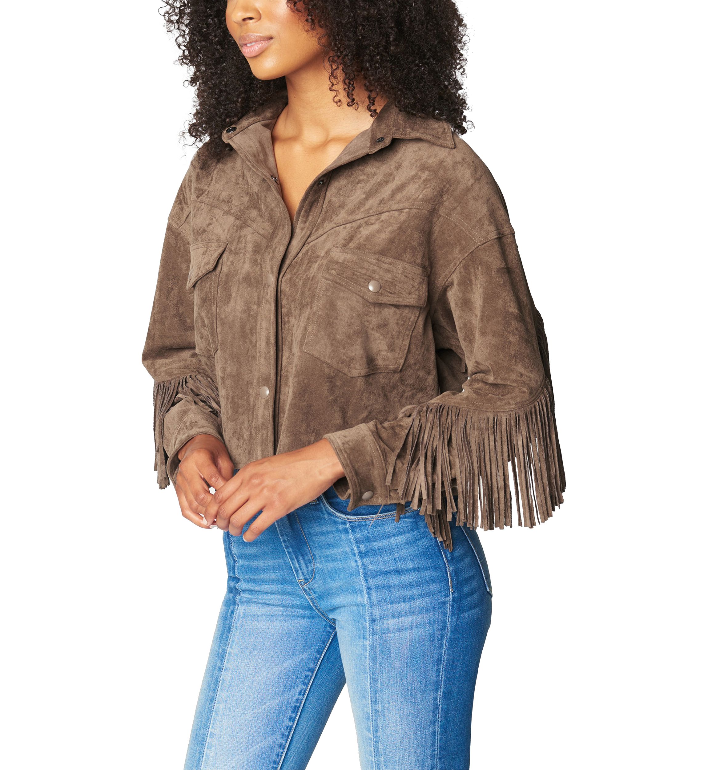 Womens Hot Cocoa Faux Suede Fringe Shacket