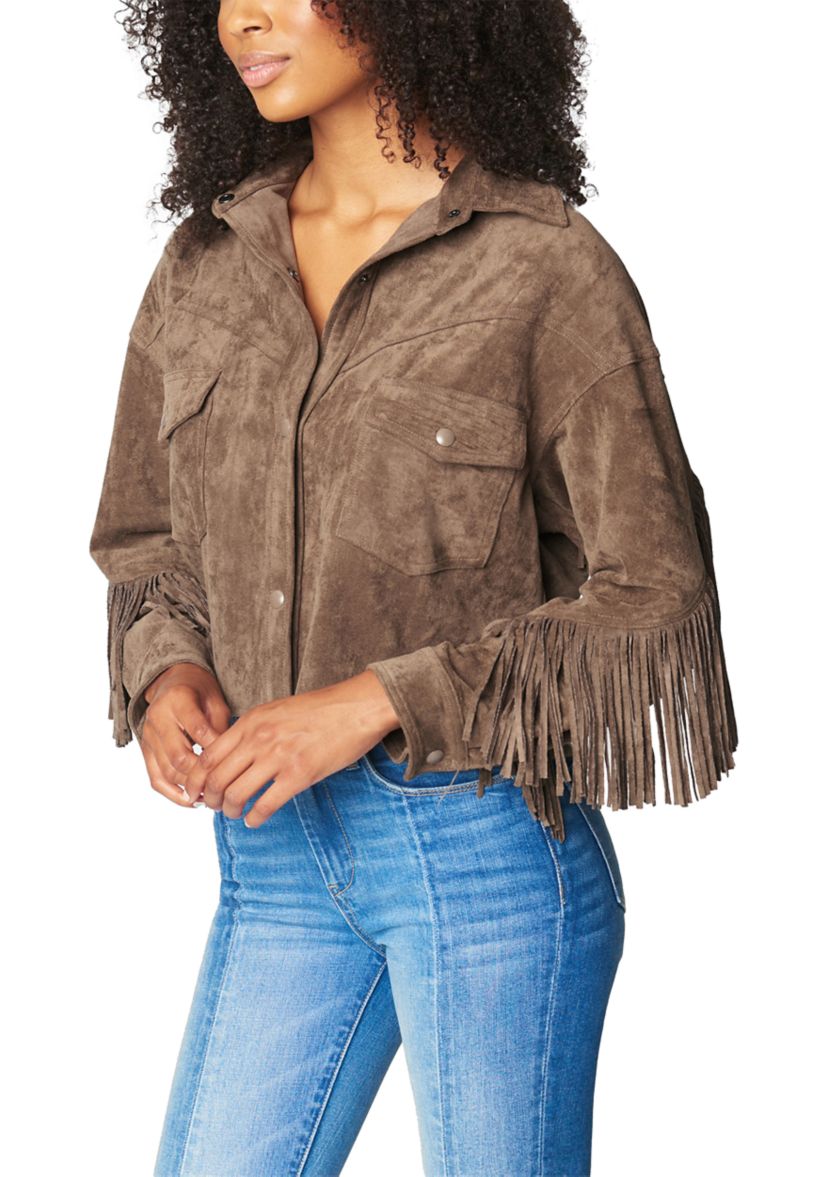 Womens Hot Cocoa Faux Suede Fringe Shacket