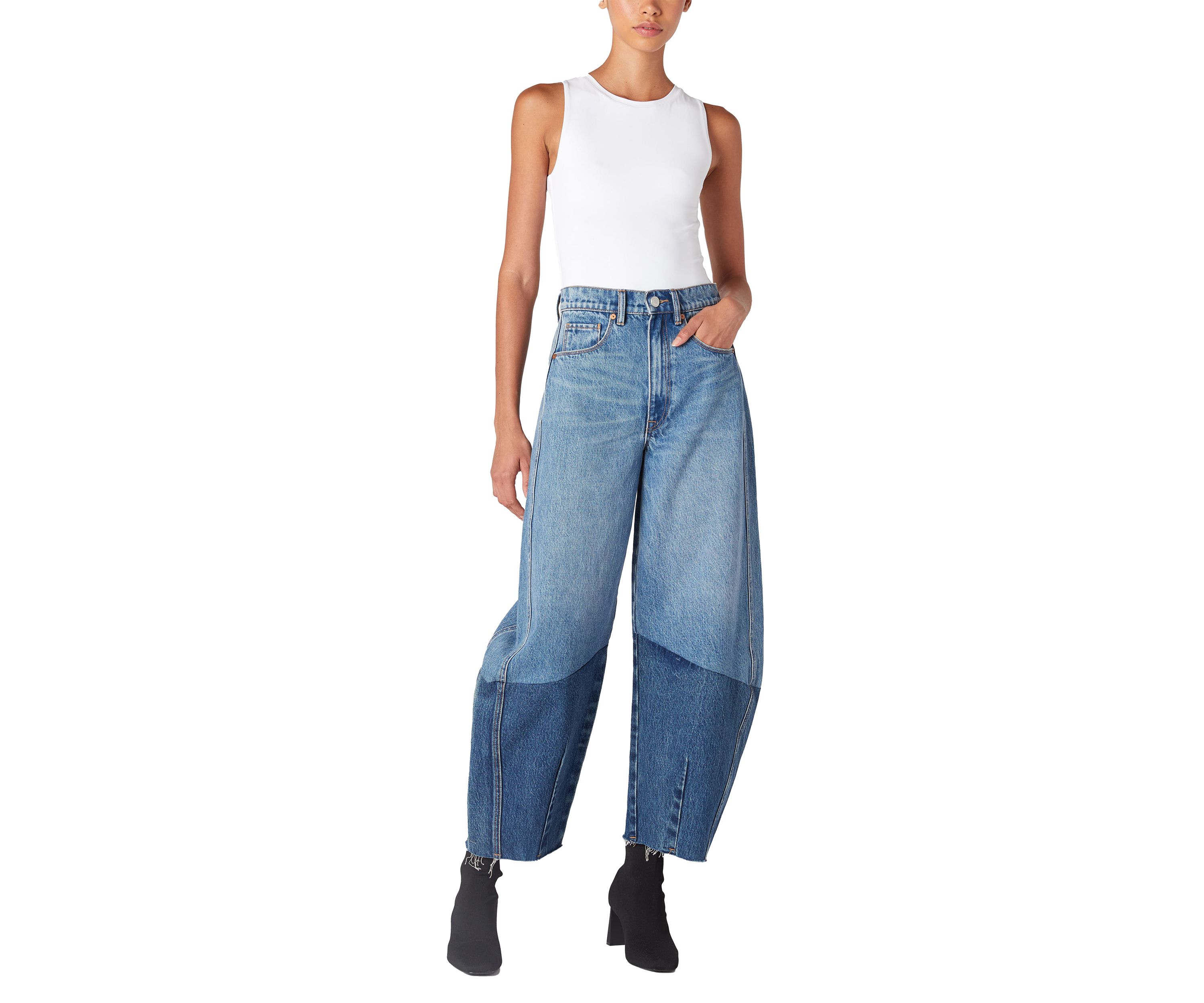 Womens Two Tone Barrel Leg Jeans