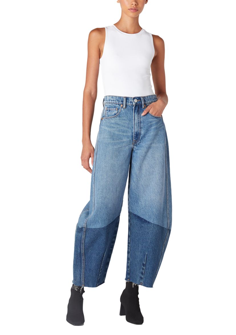 Womens Two Tone Barrel Leg Jeans