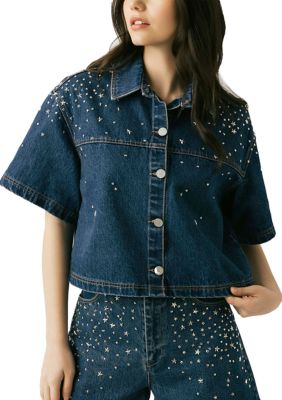 BLANK NYC Women's Cropped Denim Shirt with Hotfix Studs, Silver, XS