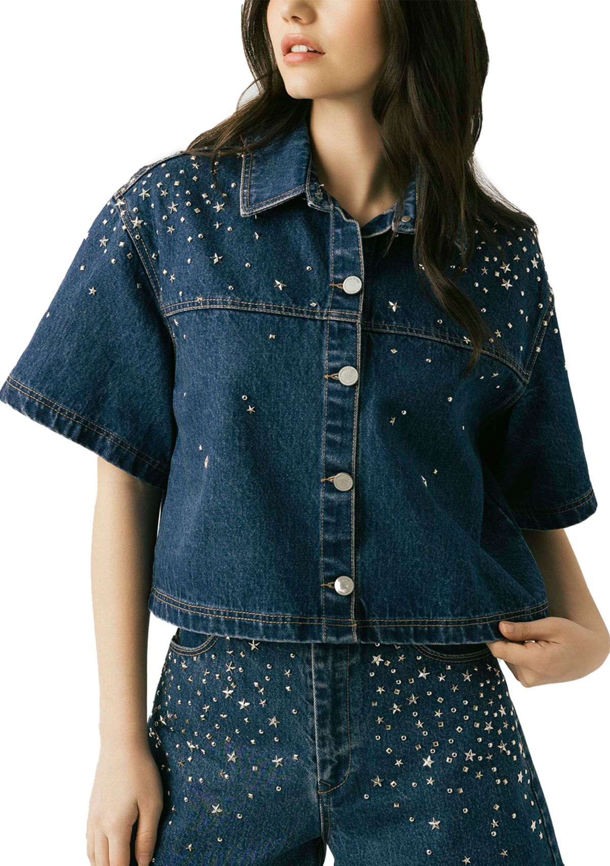 Womens Cropped Denim Shirt with Hotfix Studs