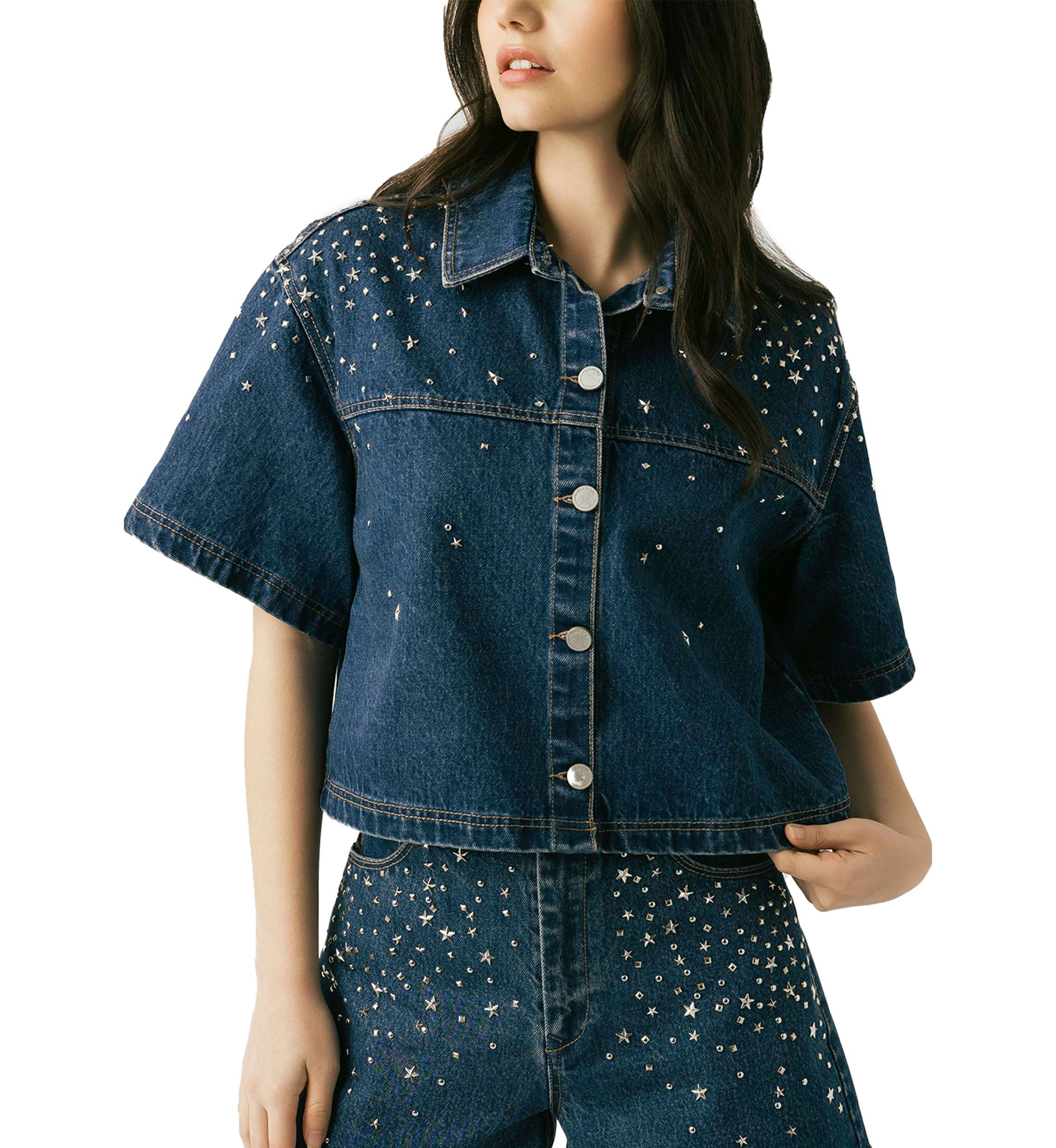 Womens Cropped Denim Shirt with Hotfix Studs
