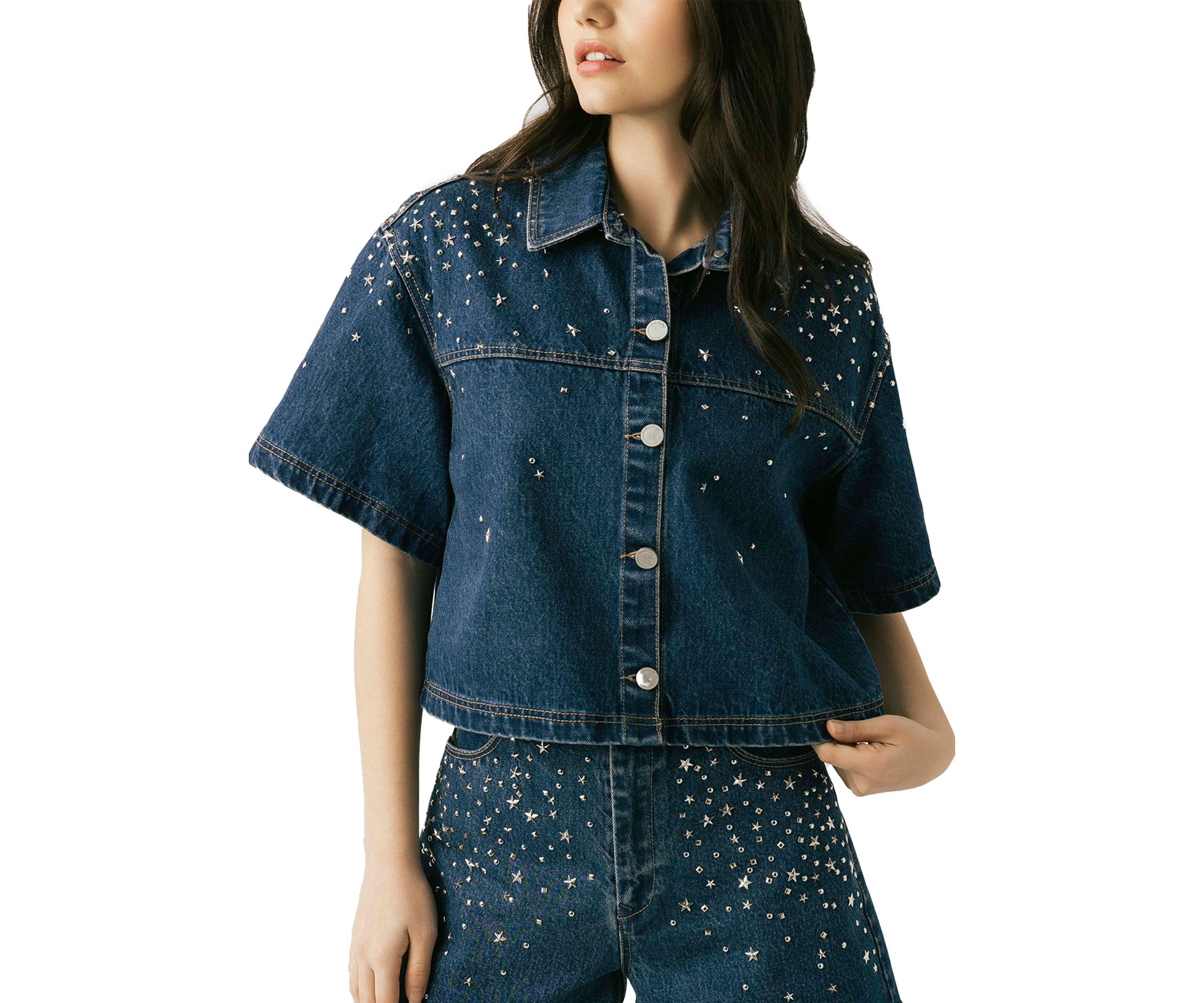 Womens Cropped Denim Shirt with Hotfix Studs