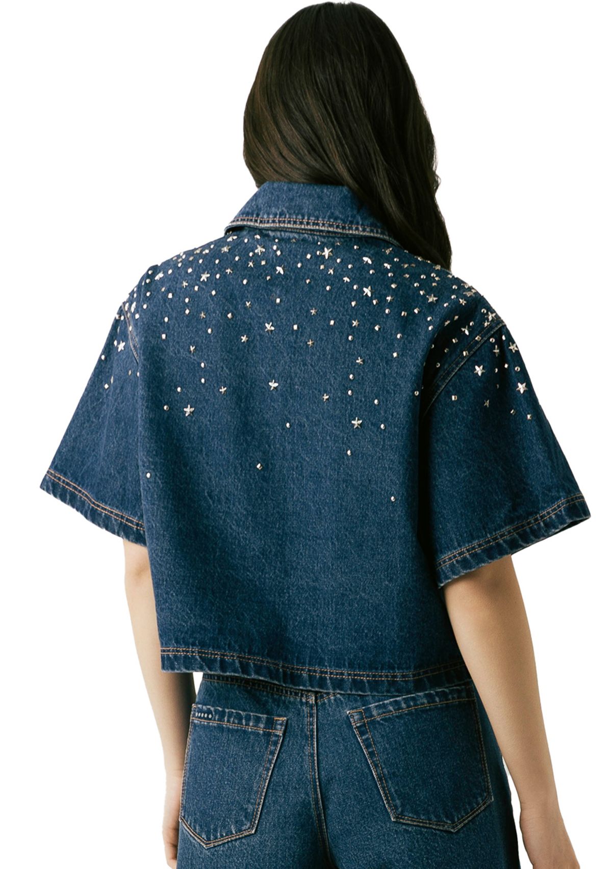 Womens Cropped Denim Shirt with Hotfix Studs