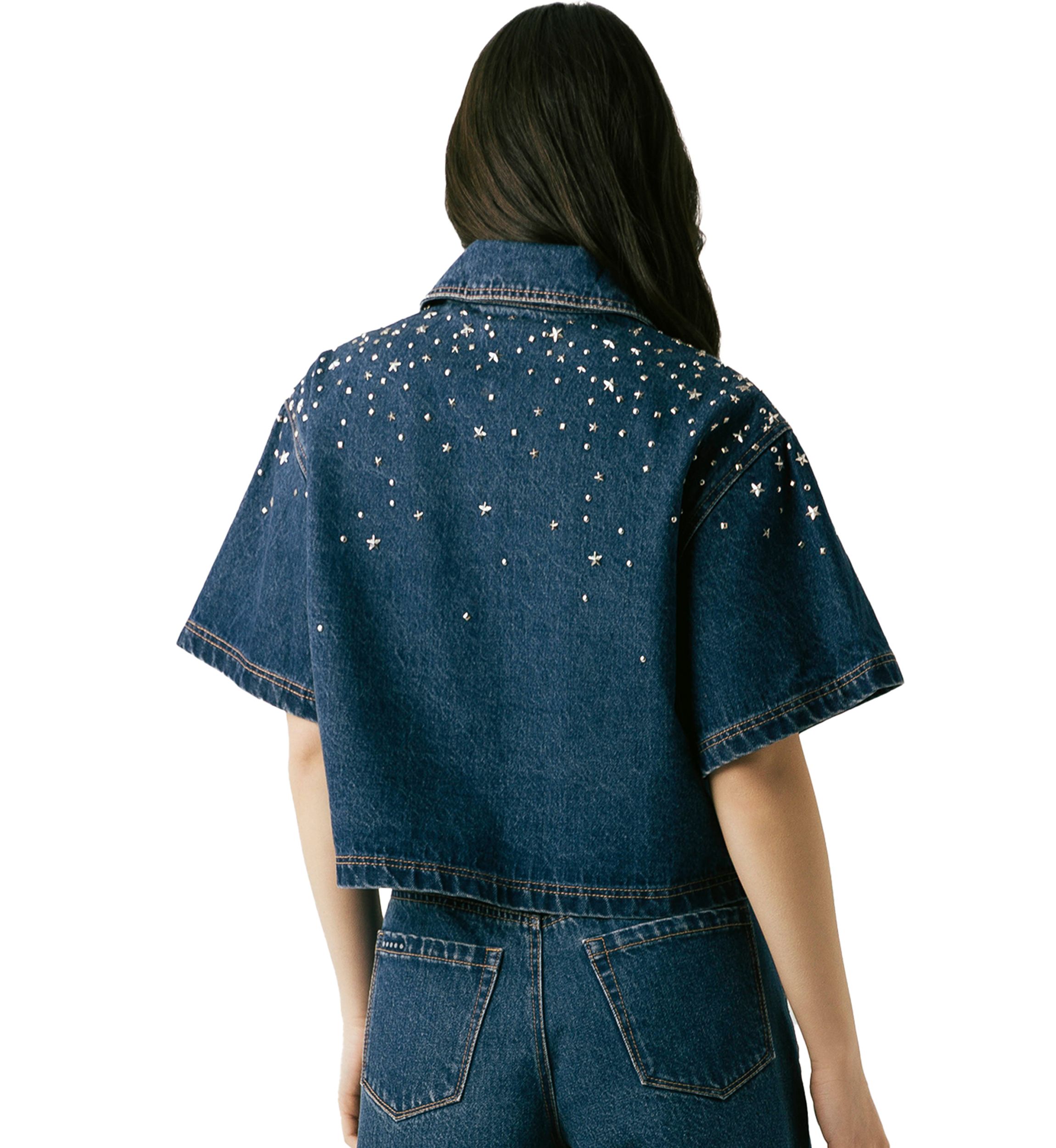 Womens Cropped Denim Shirt with Hotfix Studs