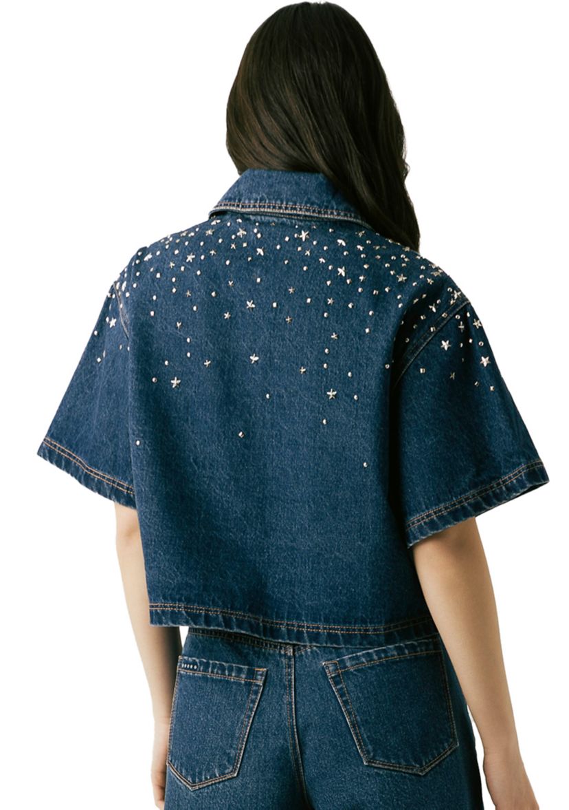 Womens Cropped Denim Shirt with Hotfix Studs