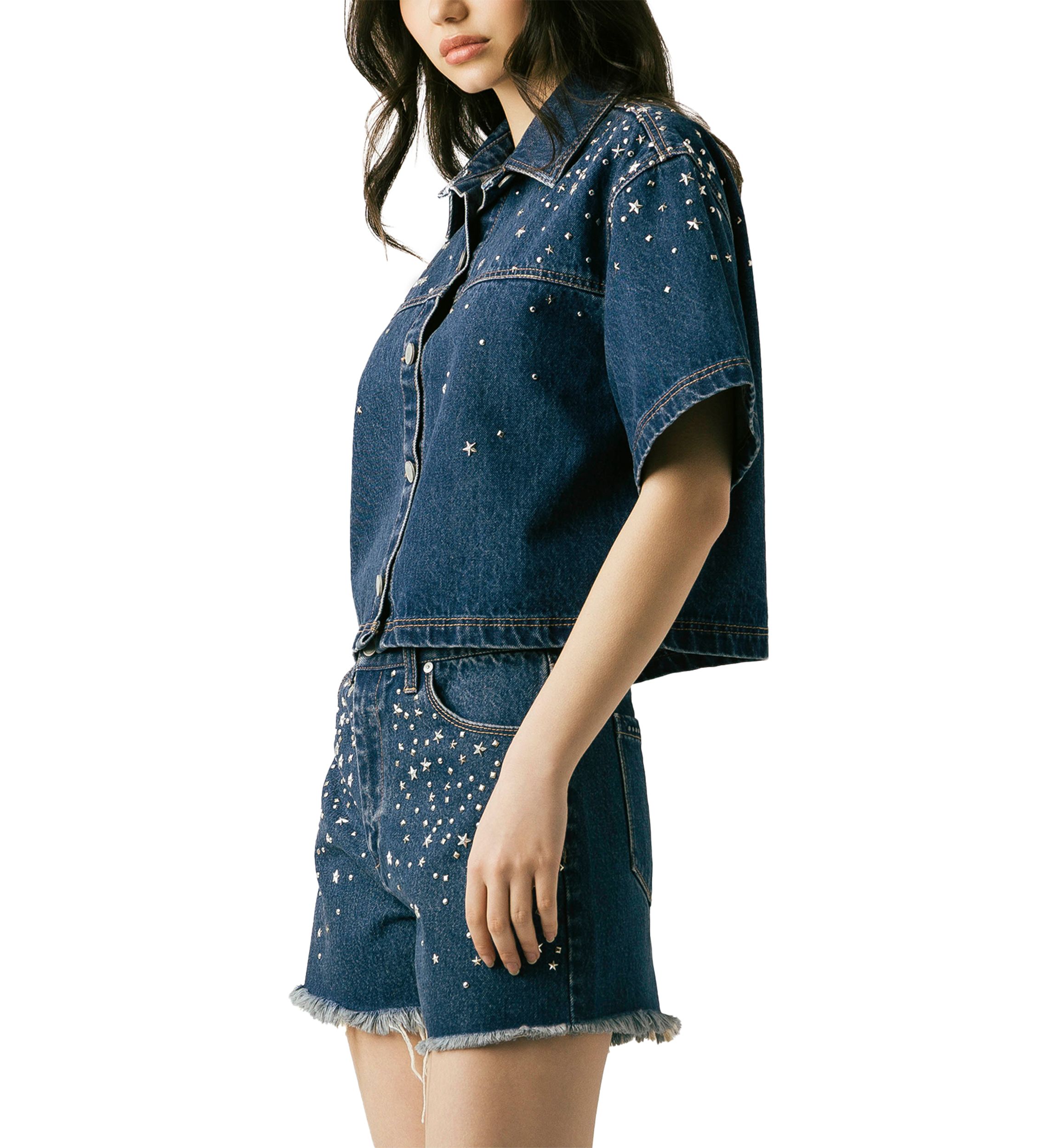 Womens Cropped Denim Shirt with Hotfix Studs