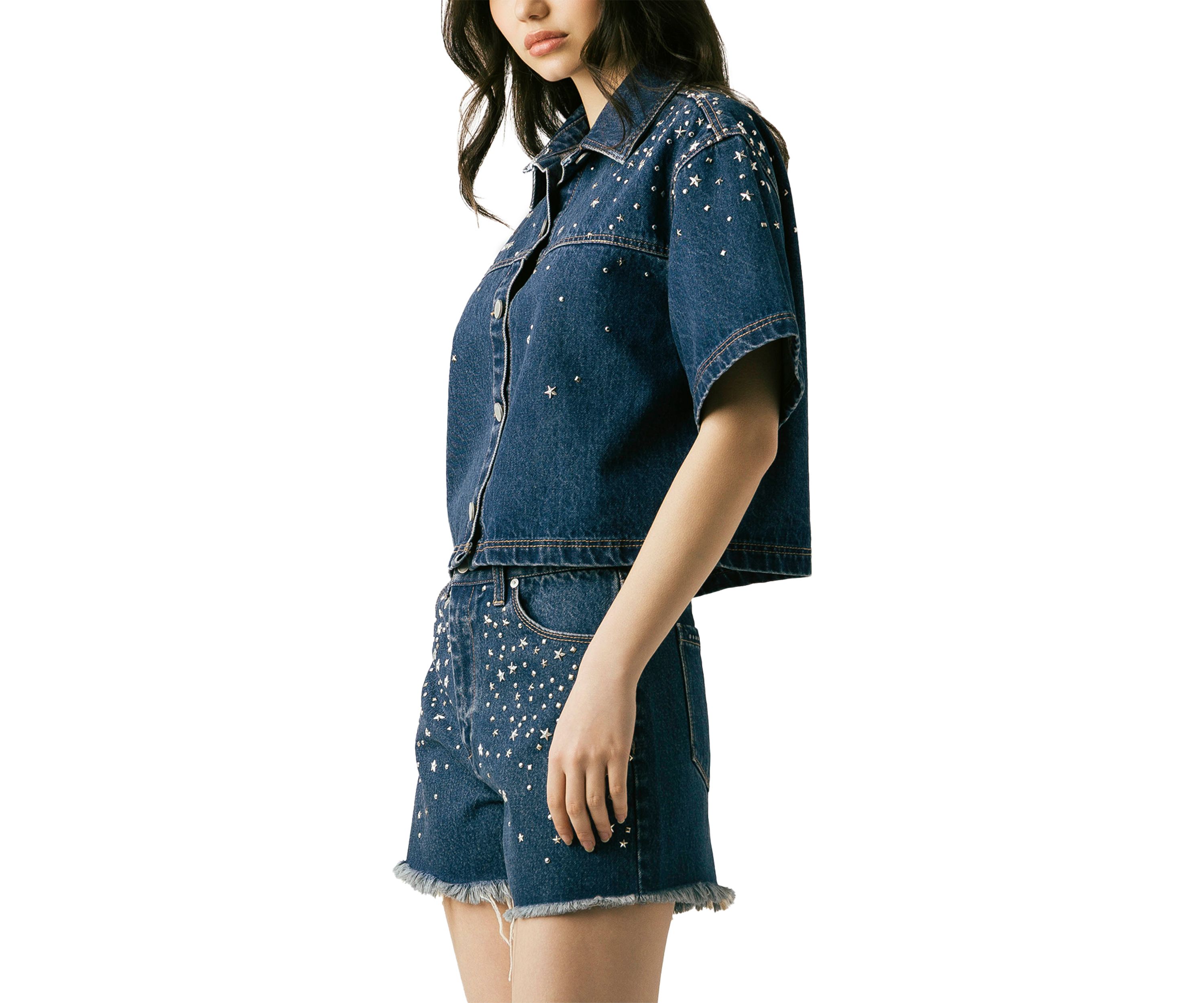 Womens Cropped Denim Shirt with Hotfix Studs