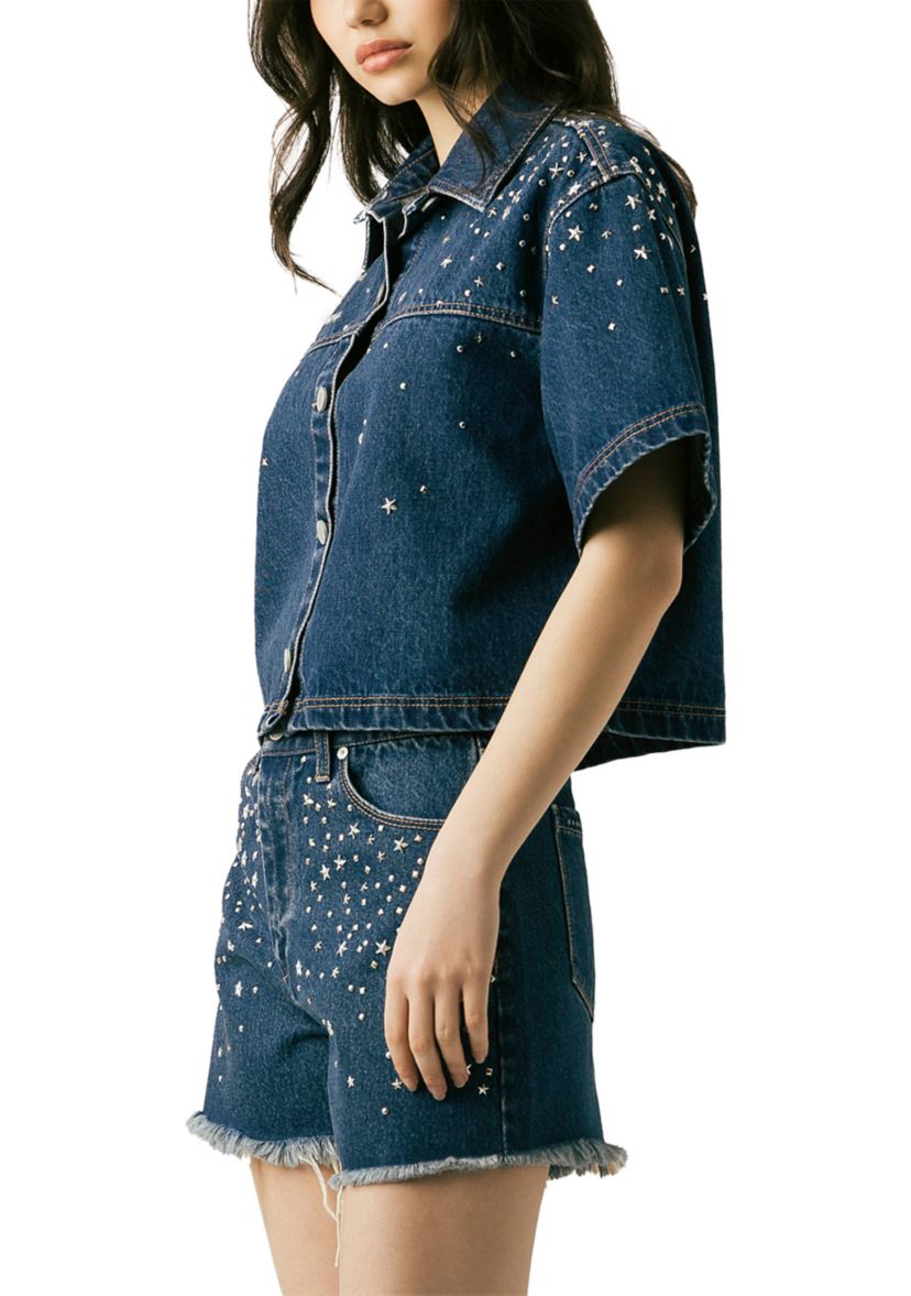 Womens Cropped Denim Shirt with Hotfix Studs