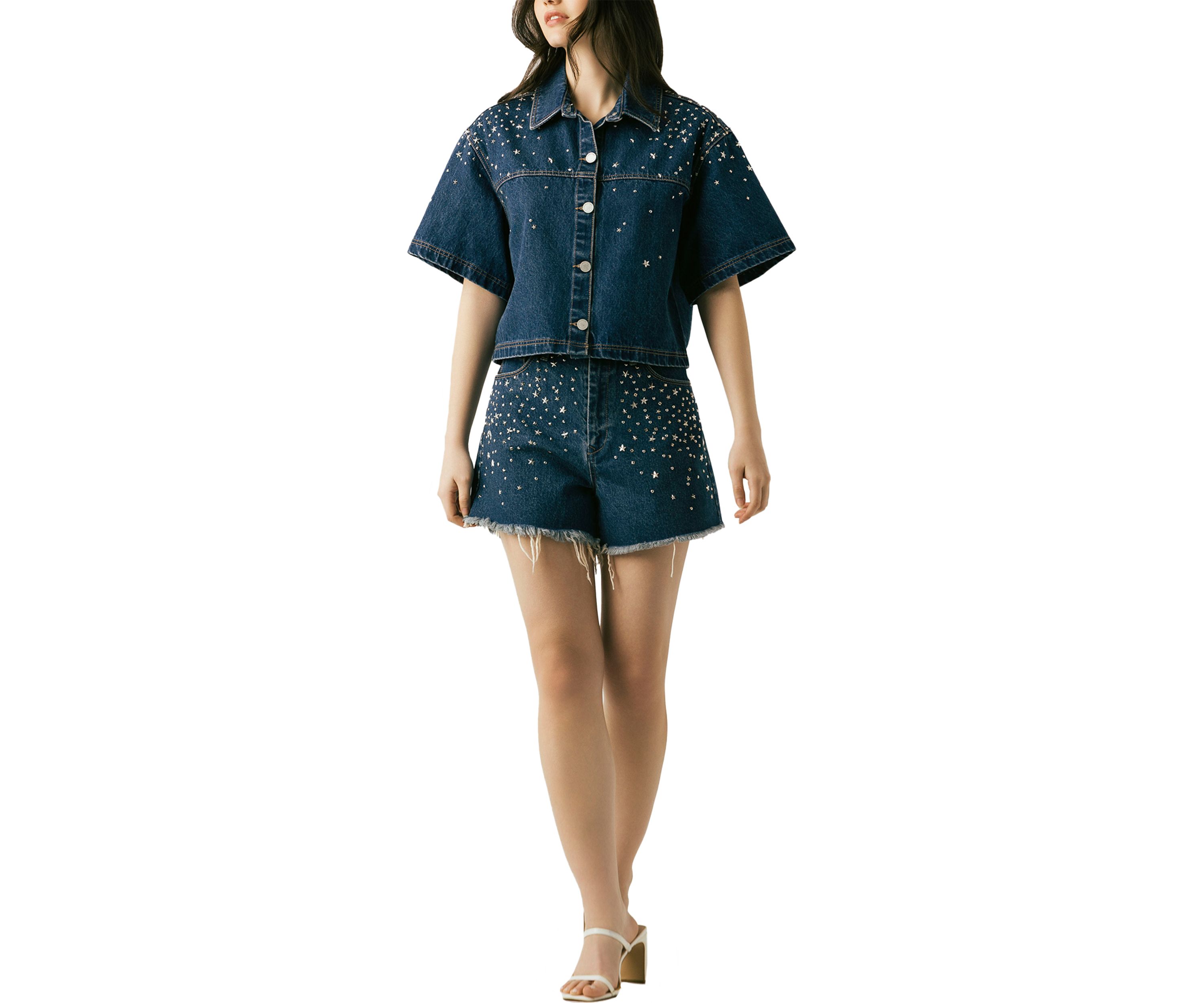 Womens Cropped Denim Shirt with Hotfix Studs