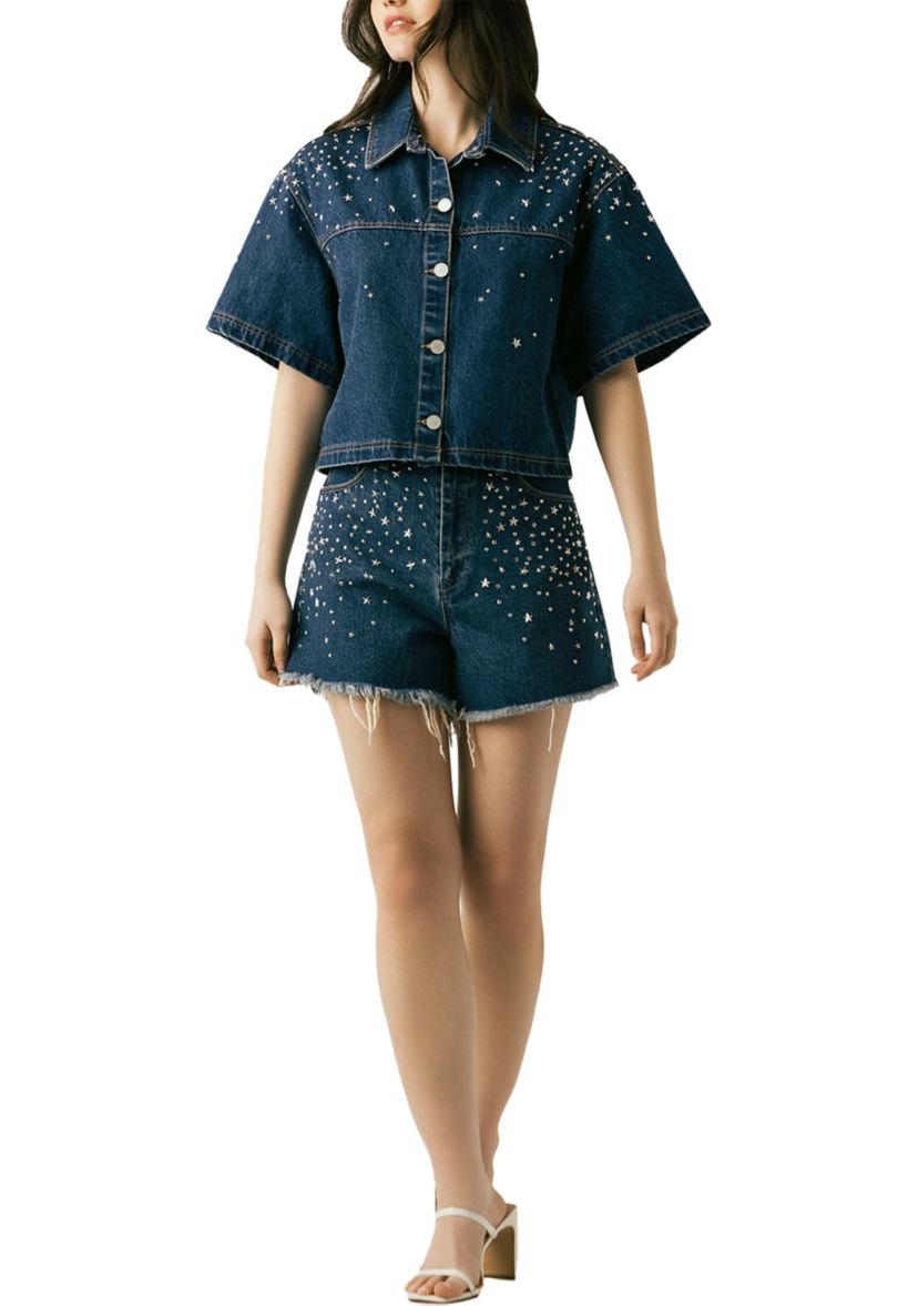 Womens Cropped Denim Shirt with Hotfix Studs
