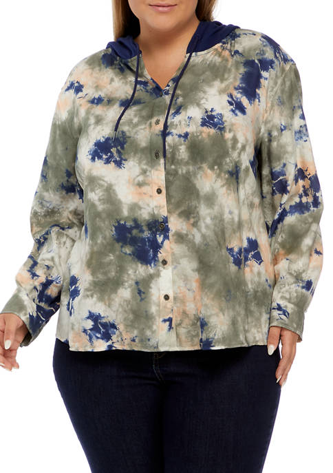 TRUE CRAFT Plus Size Hooded Button Down Shirt
