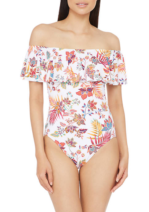 Jacobean Floral Ruffle Off The Shoulder One-Piece Swimsuit