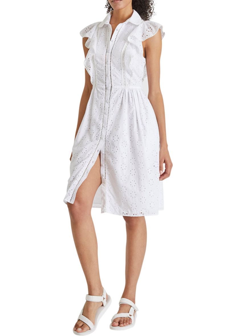 Flutter Sleeve Eyelet Floral Button Front Dress
