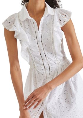 Flutter Sleeve Eyelet Floral Button Front Dress