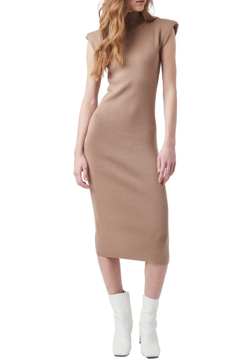 Fitted Mock Neck Shoulder Pad Midi Dress