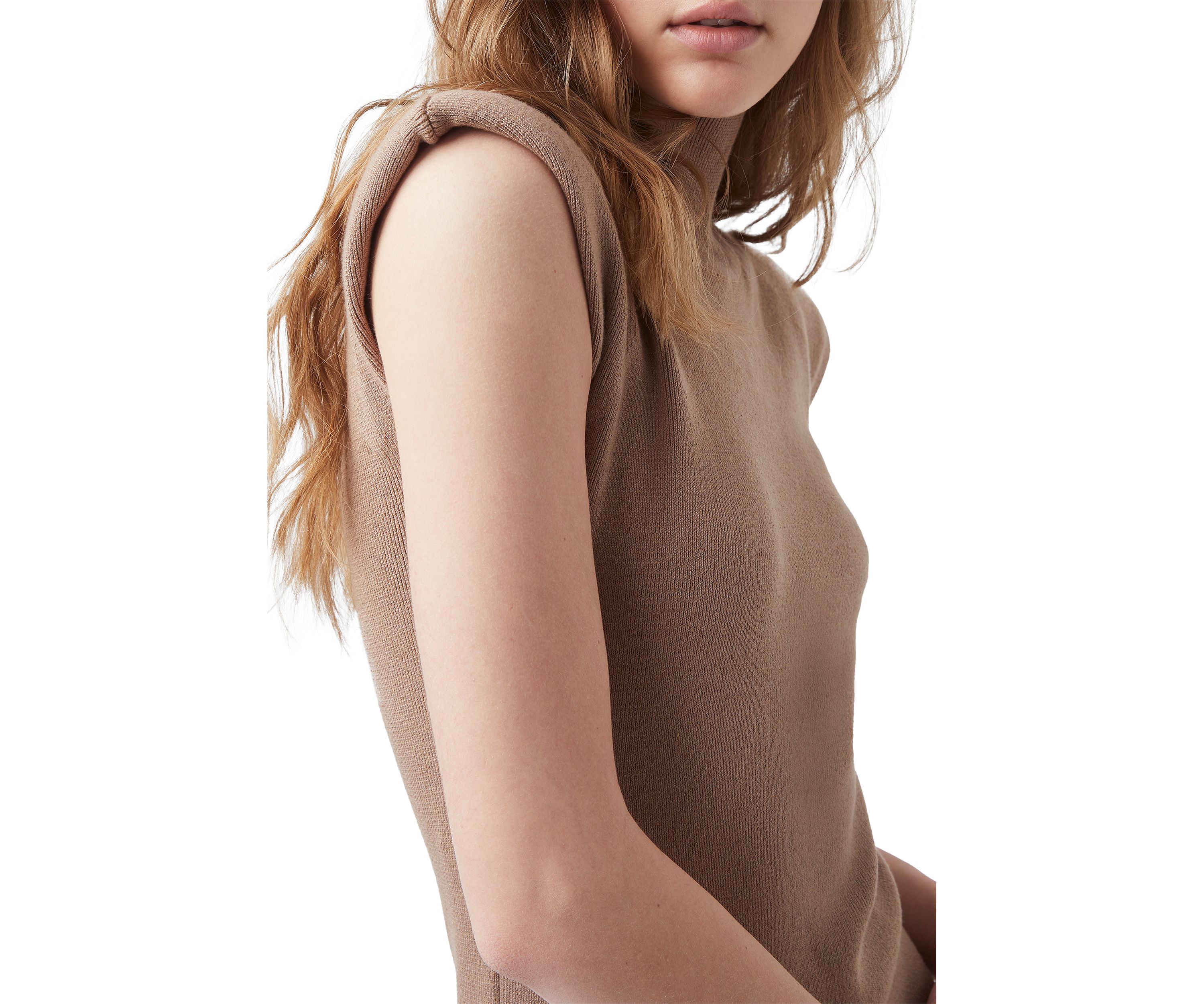 Fitted Mock Neck Shoulder Pad Midi Dress
