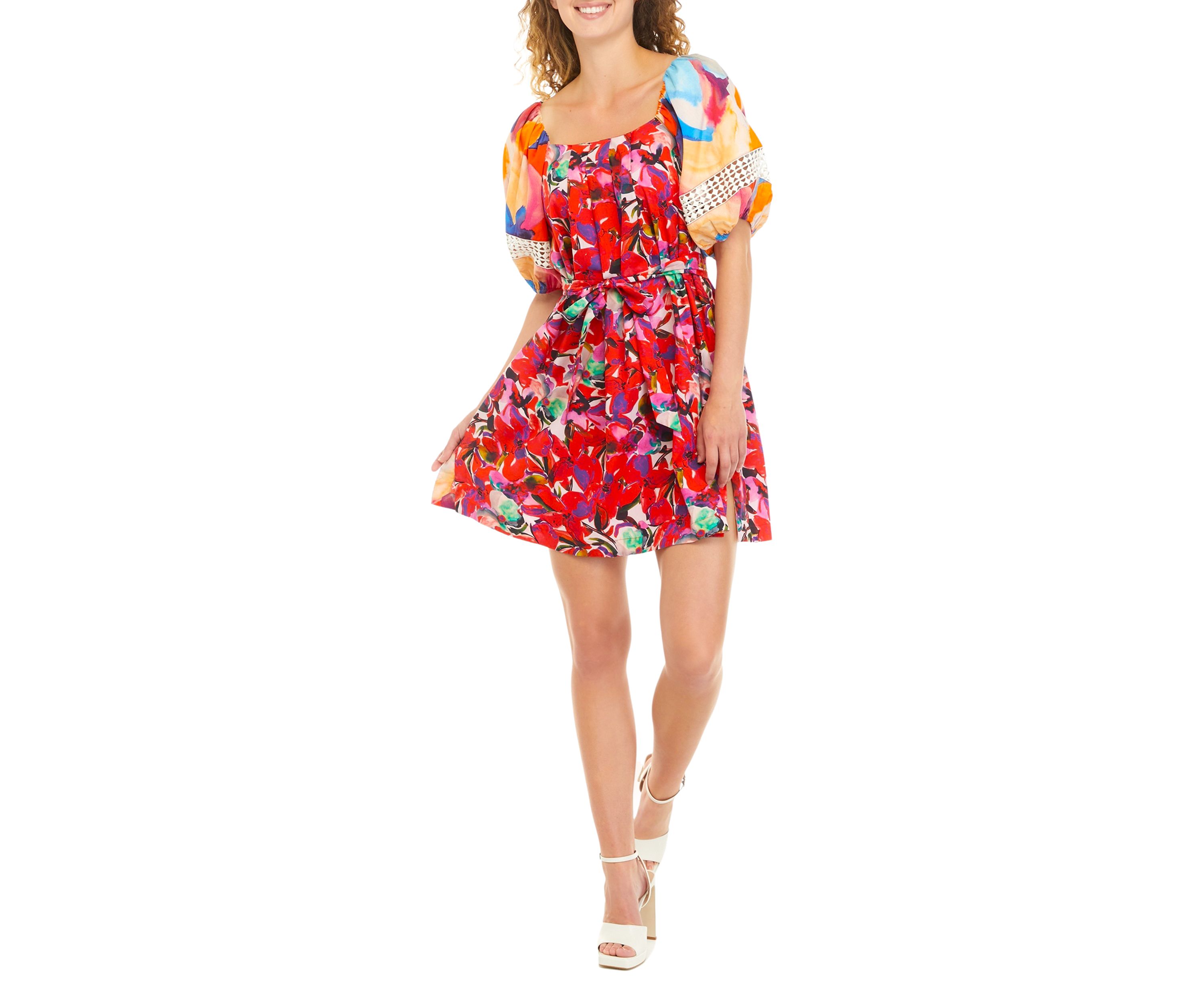 Puff Sleeve Mixed Print Poplin Dress
