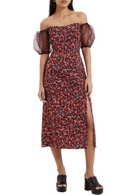 Clara Flavia Bardot Organza Puff Sleeve Dress