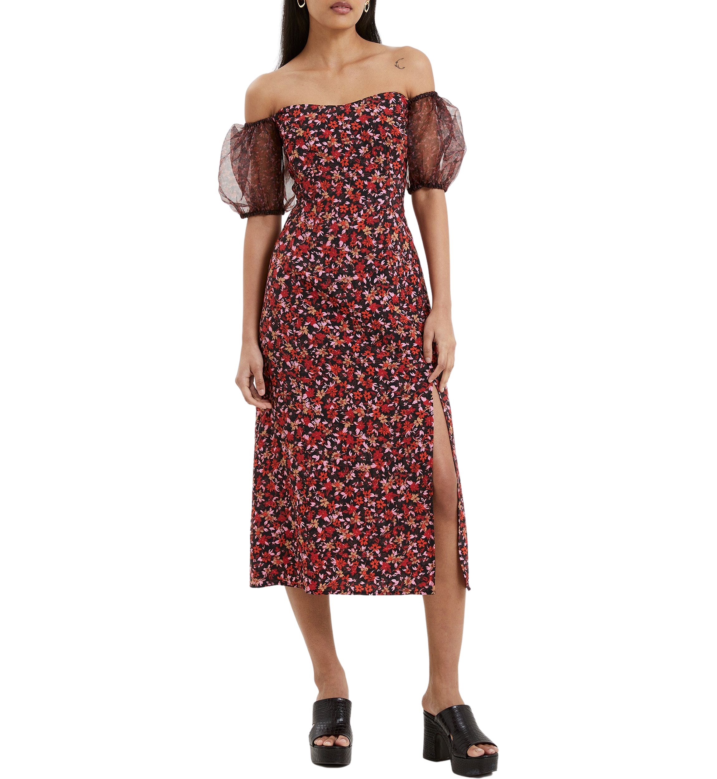 Clara Flavia Bardot Organza Puff Sleeve Dress