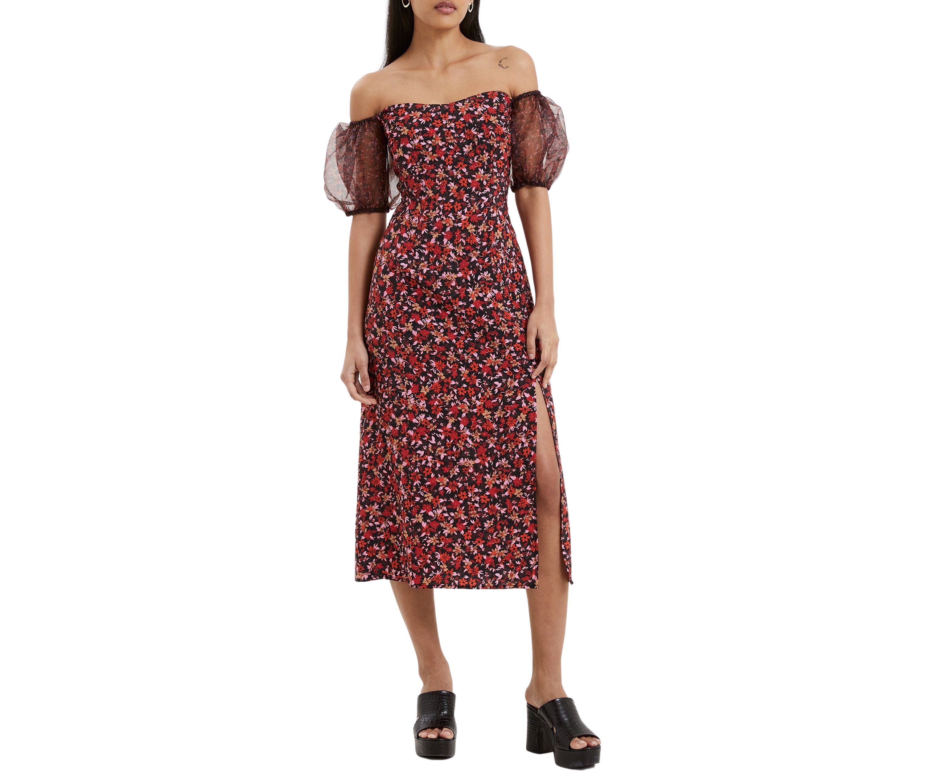 Clara Flavia Bardot Organza Puff Sleeve Dress