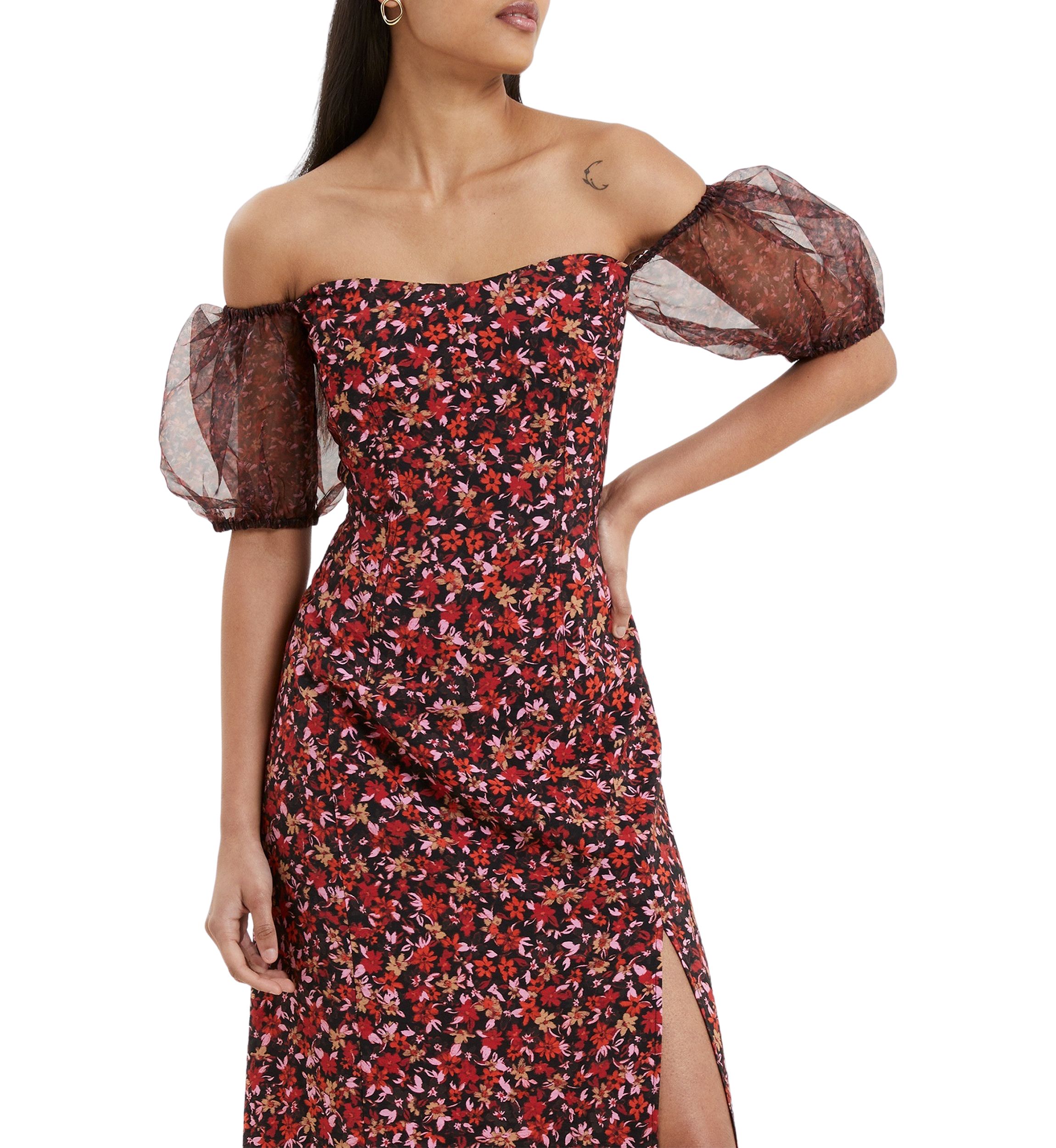 Clara Flavia Bardot Organza Puff Sleeve Dress
