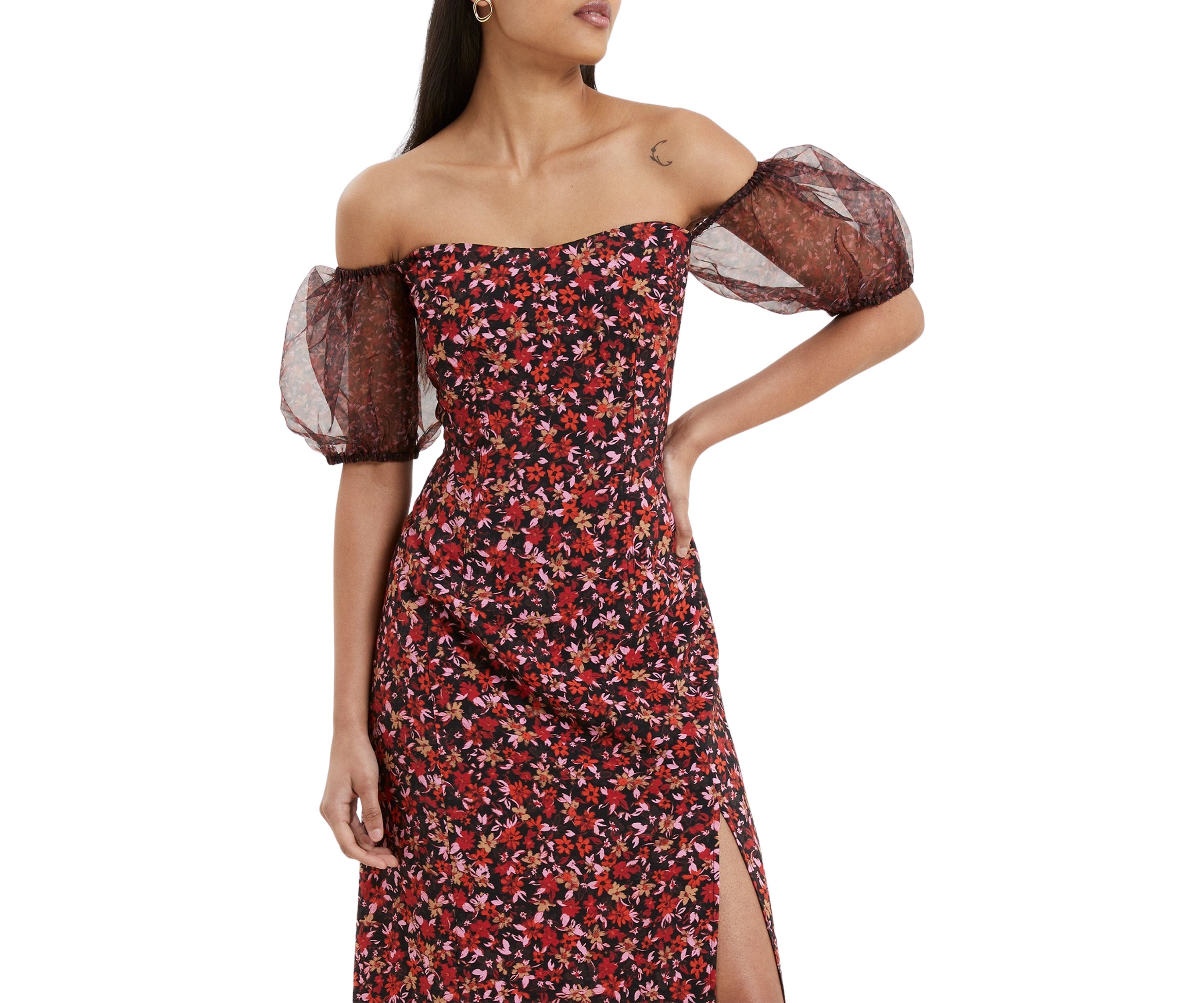 Clara Flavia Bardot Organza Puff Sleeve Dress