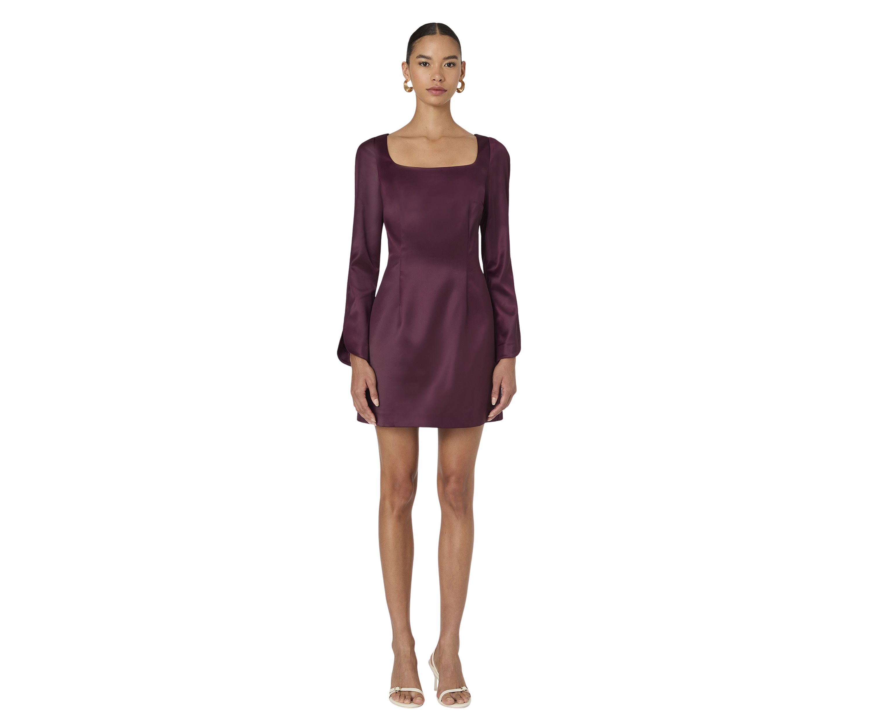 Structured Long Sleeve Satin Square Neck Dress