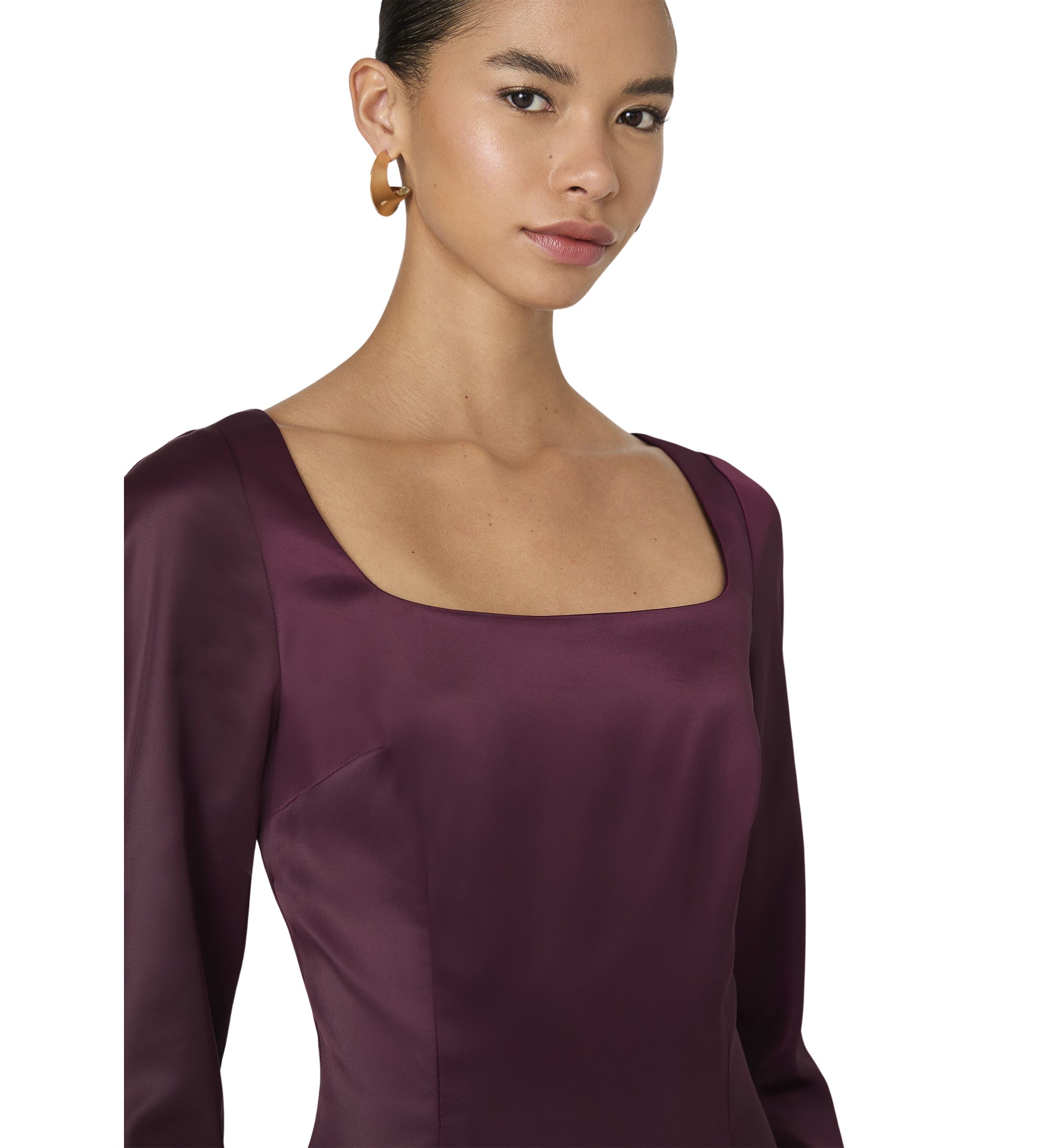 Structured Long Sleeve Satin Square Neck Dress