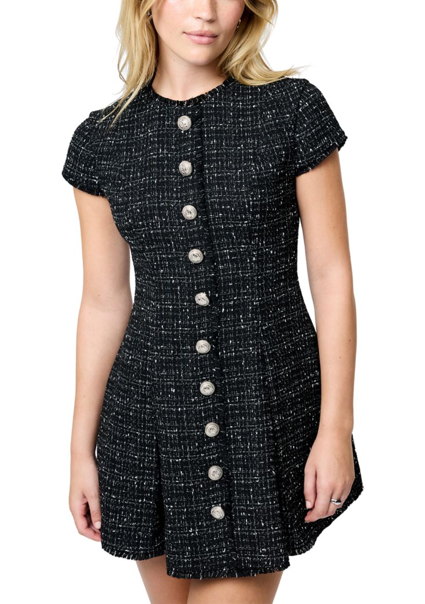 Speckled Tweed Pleated Mini Dress